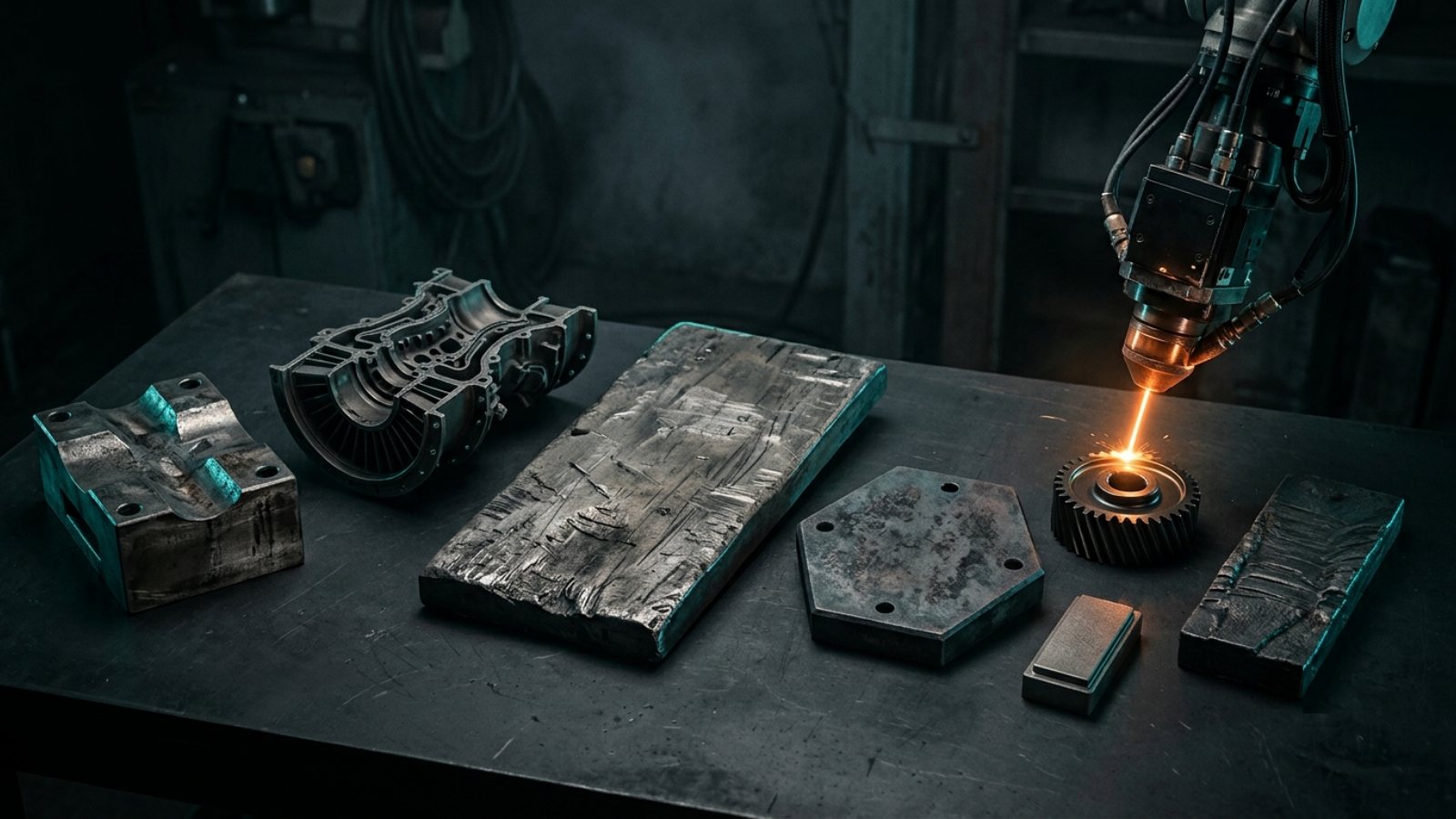 Range of industrial components — die block, turbine casing, wear plate, shielding tile, gear and coupons — with a LACS deposition head coating one of them