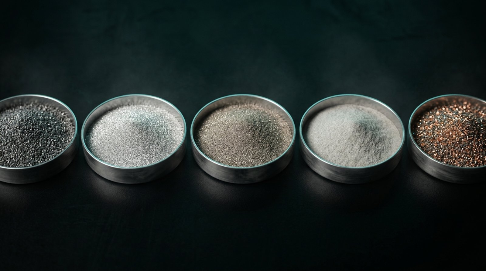 Range of metal powder feedstocks in steel dishes — carbide, tungsten, cobalt-alloy, titanium and blended systems