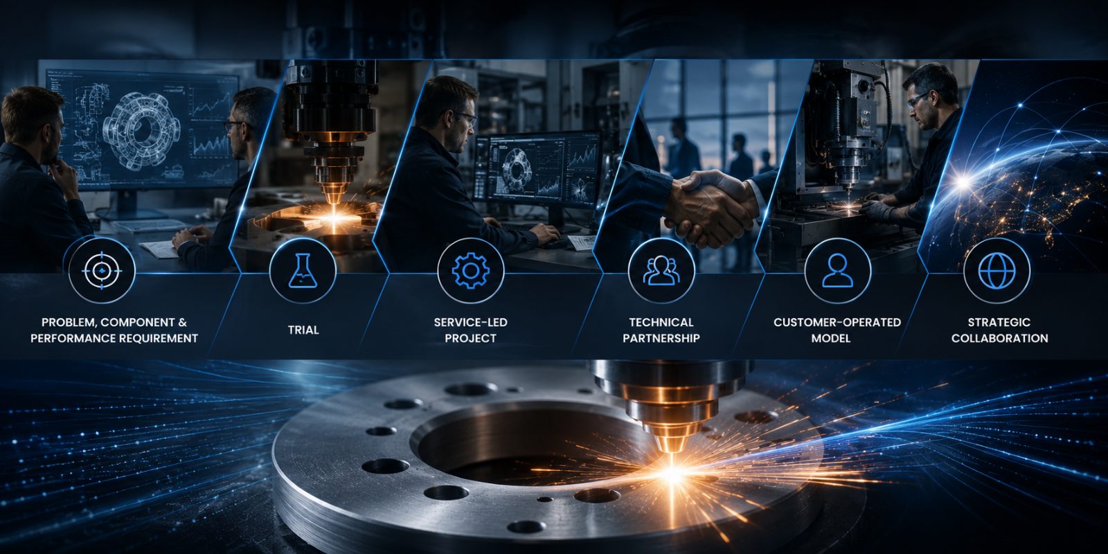 Engagement routes — from problem, component and performance requirement through trial, service-led project, technical partnership, customer-operated model and strategic collaboration