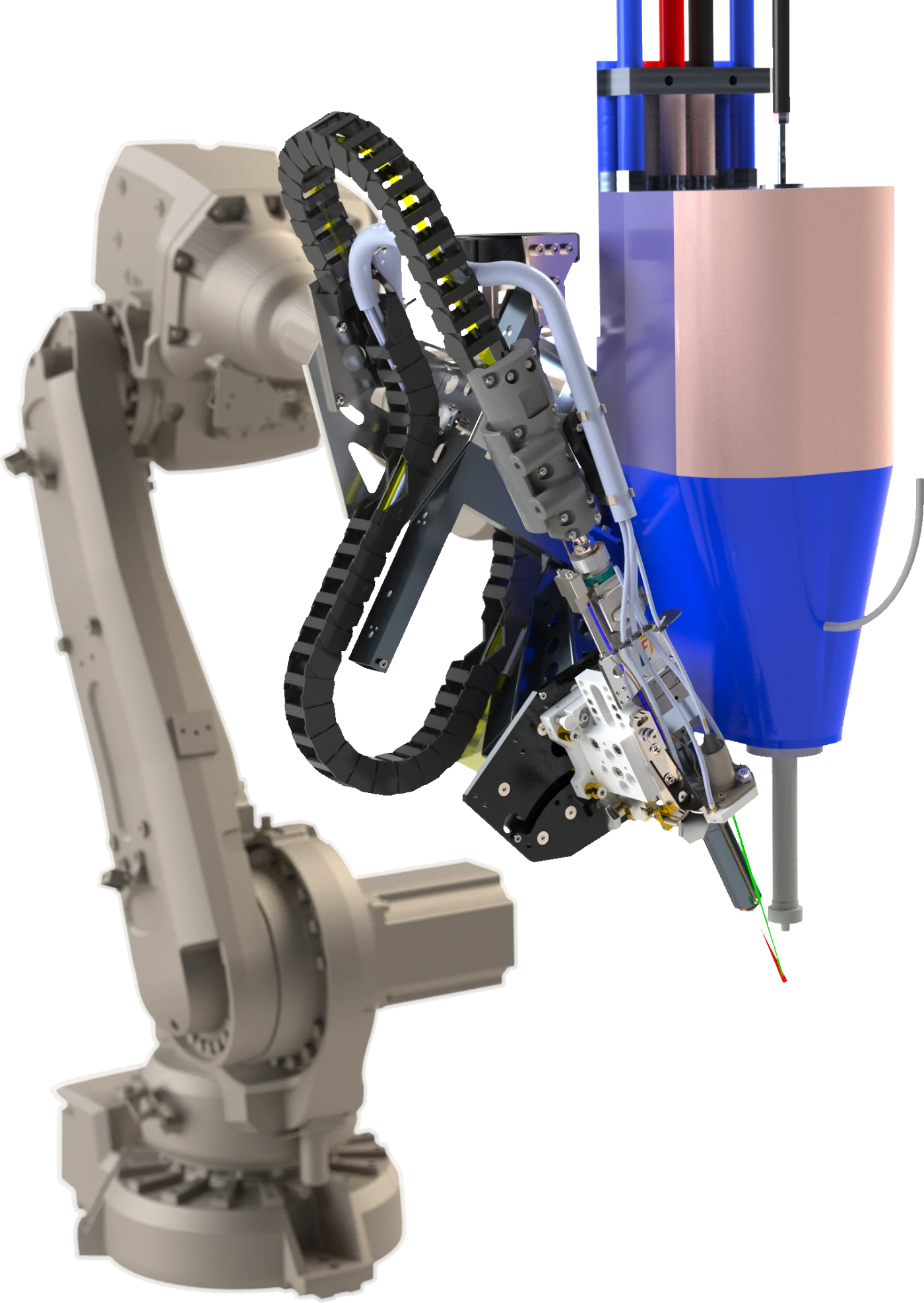 Robot-mounted LACS deposition head — supersonic cold-spray nozzle with powder feed and laser optics
