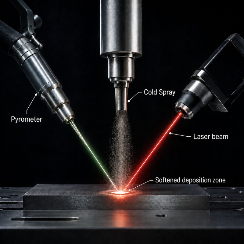 LACS process schematic — cold spray nozzle, powder stream and off-axis laser beam creating a softened deposition zone