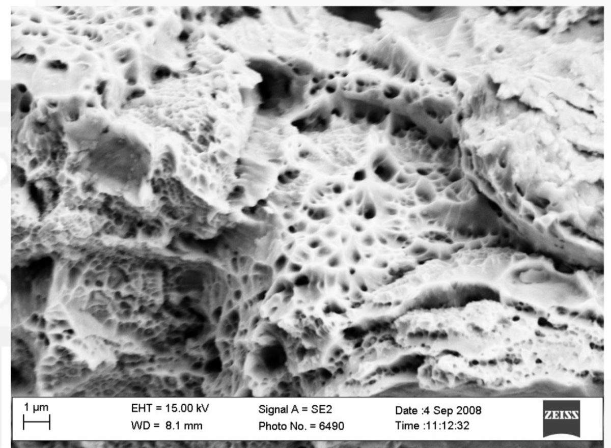 SEM image of a fracture surface through a LACS coating showing ductile dimpled failure