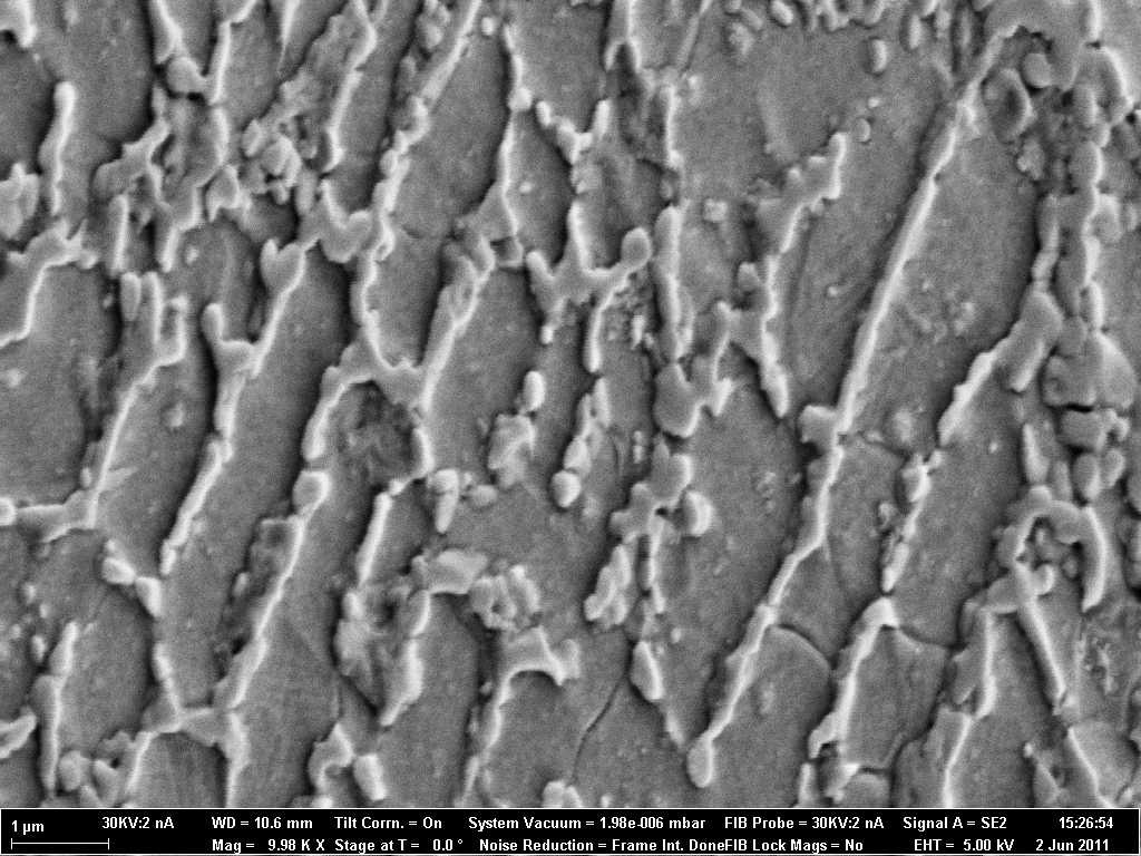 Laser Assisted Cold Spray, LACS.
Coating Stelllite 6, a hard facing alloy, on to a steel tube.  Close up showing grain structure.